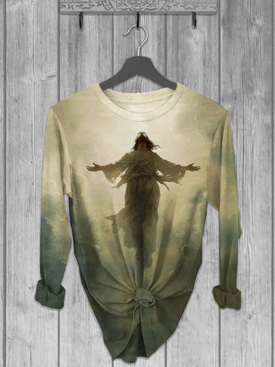 Unisex Light And Jesus Printed crew neck casual long T-shirt