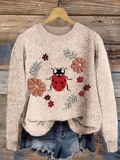 Flower Ladybug Printed Crew Neck Retro Fashion Loose Long Sleeved Sweater