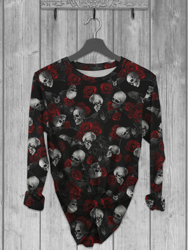 Unisex Skull And Flower Printed crew neck casual long T-shirt