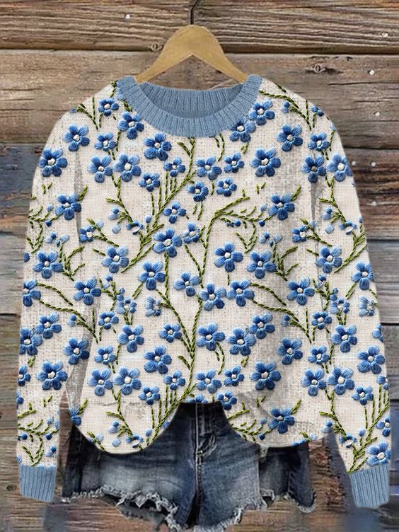 Flower Embroidery Printed Crew Neck Retro Fashion Loose Long Sleeved Sweater