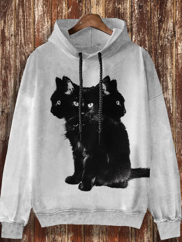 Unisex cat cartoon pattern retro printed casual fashion long sleeved loose hooded sweatshirt