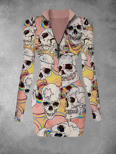 Women's skull retro printed casual fashion V-neck long sleeved slim fit dress