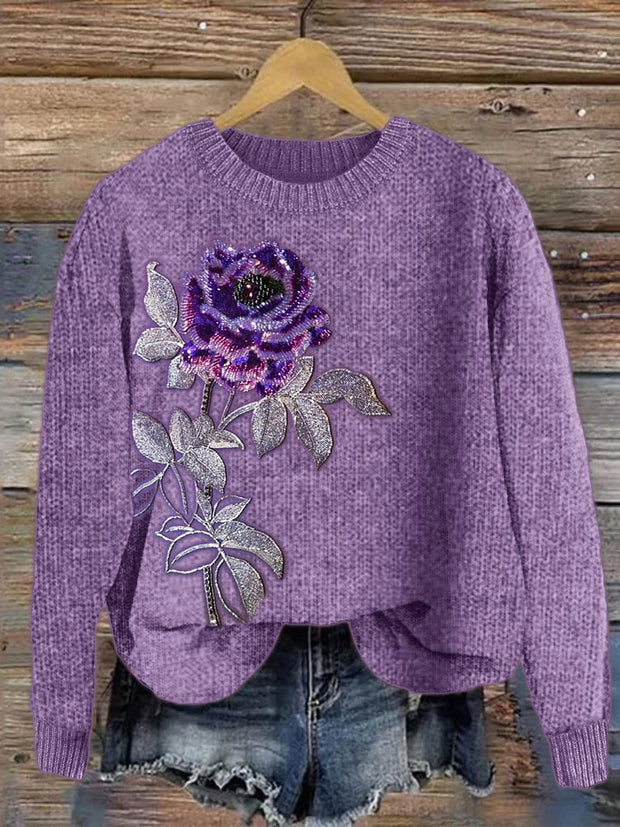 Flower Embroidery Printed Crew Neck Retro Fashion Loose Long Sleeved Sweater