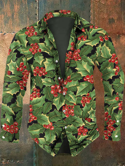 Men's Christmas Holly Leaf Print Long Sleeve Shirt