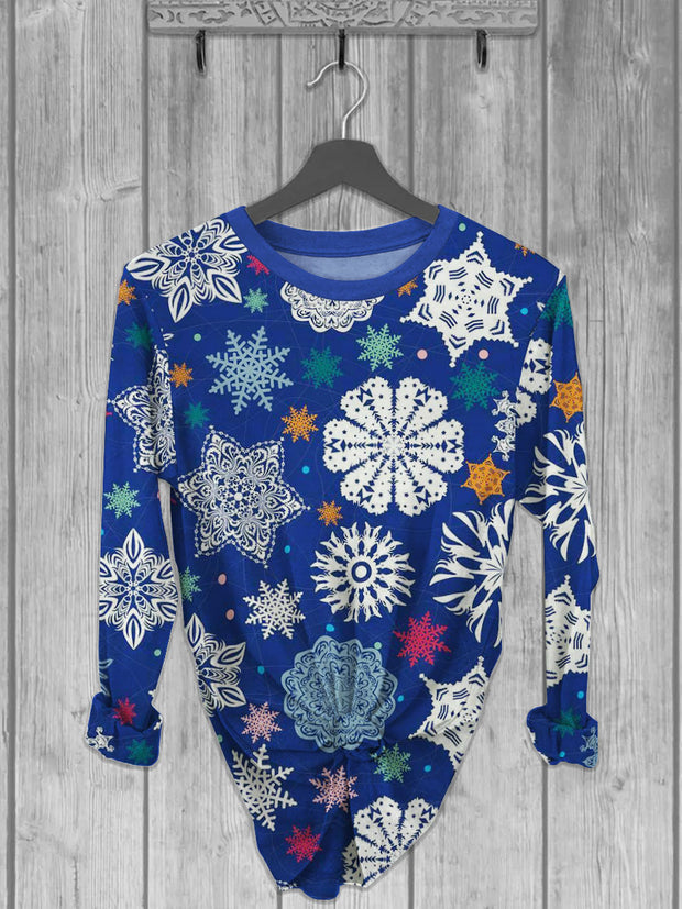 Unisex Snowflakes Printed crew neck casual long T-shirt