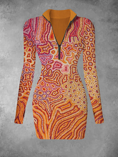 Women's abstract art retro print casual fashion V-neck long sleeved slim fit dress