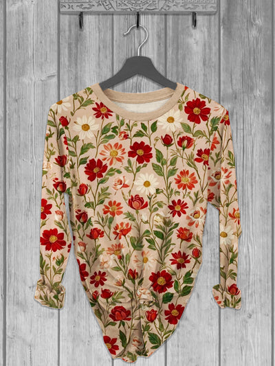 Unisex Flowers Printed crew neck casual long T-shirt