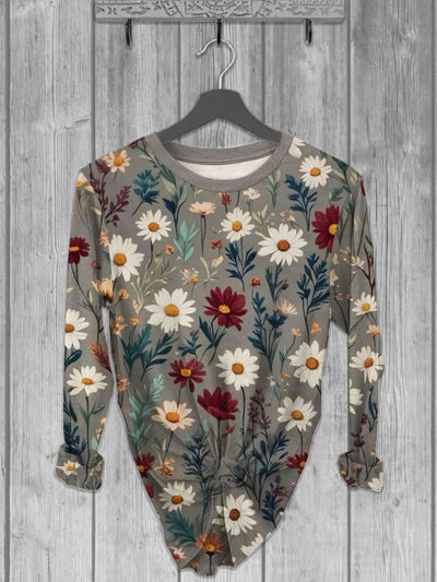 Unisex Flowers Printed crew neck casual long T-shirt