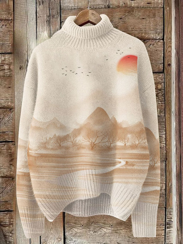 Unisex Mountain And Sun Style Print Knit Turtleneck Pullover Sweater