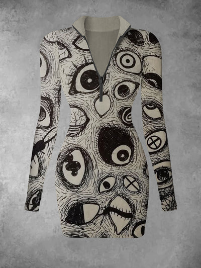 Women's Abstract Eye Graffiti Retro Pattern Printed Casual Fashion Long Sleeved V-neck Slim Fit Dress