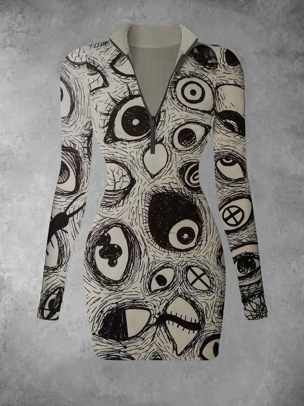 Women's Abstract Eye Graffiti Retro Pattern Printed Casual Fashion Long Sleeved V-neck Slim Fit Dress