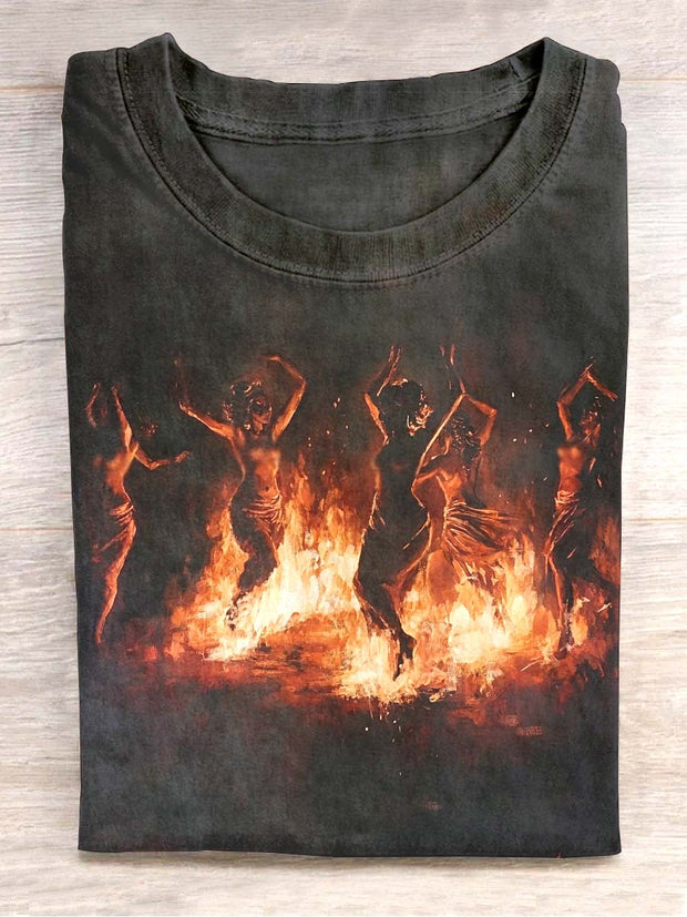 Unisex Witches Bonfire Print Crew Neck Casual T-Shirt