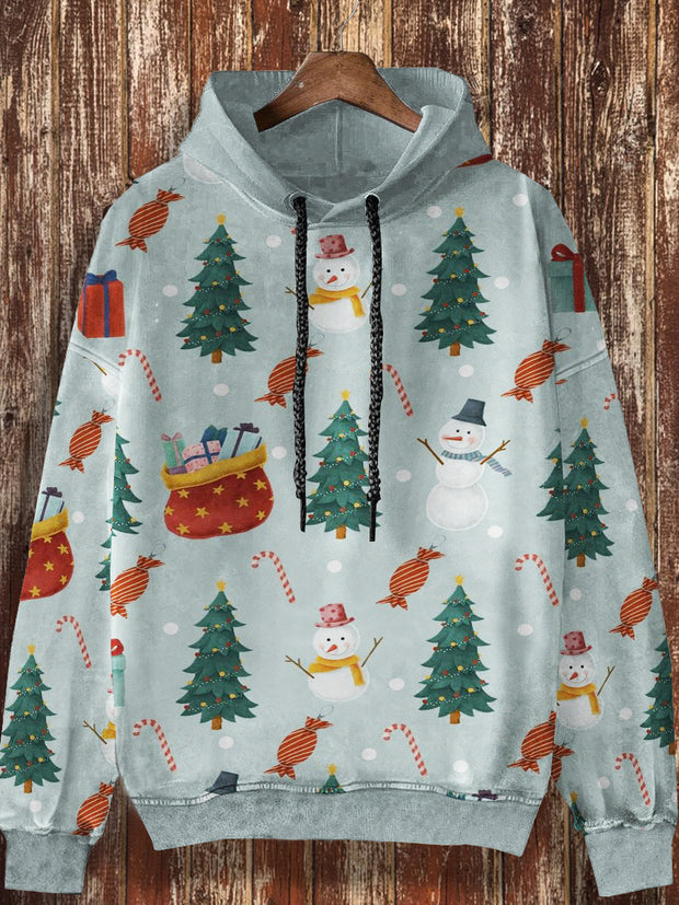 Unisex Christmas Cartoon Snowman Gift Pattern Retro Printed Casual Fashion Long Sleeved Loose Hooded Sweatshirt