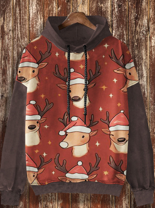 Unisex Christmas Cartoon Reindeer Pattern Retro Printed Casual Fashion Long Sleeved Loose Hooded Sweatshirt