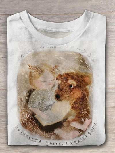 Unisex Girl And Bear Vintage Fashion Loose Short Sleeve T-Shirt