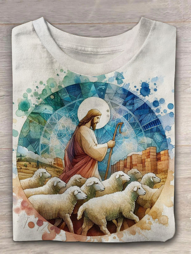 Unisex Jesus And Sheep Vintage Fashion Loose Short Sleeve T-Shirt