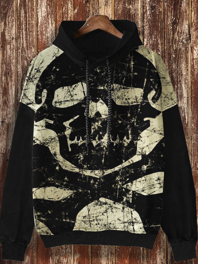 Unisex Skull Pattern Retro Printed Casual Fashion Long Sleeved Loose Hooded Sweatshirt