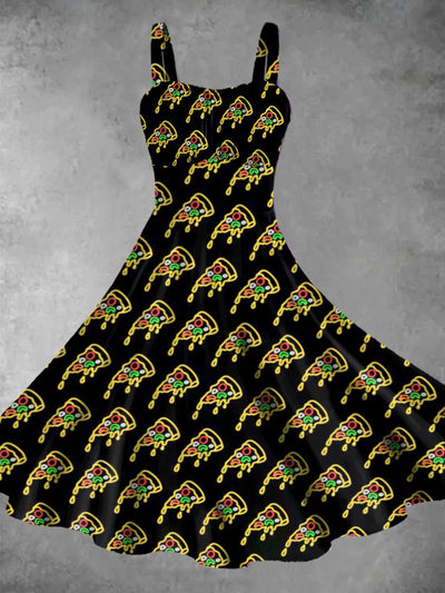 Women's Sleeveless Pizza Cartoon Graffiti Pattern Retro Printed Casual Fashion Strap Dress