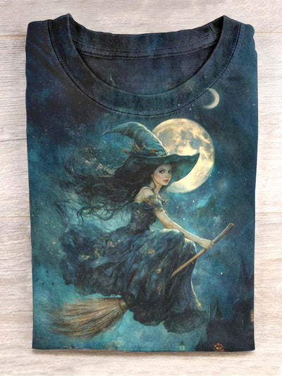 Unisex Witch Print Crew Neck Casual T-Shirt