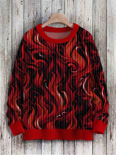 Unisex Abstract Red Flame Art Print Knit Pullover Sweater