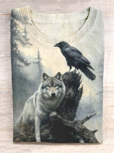 Unisex Raven and Wolf Print Crew Neck Casual T-Shirt