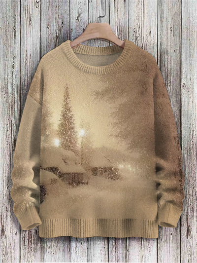 Unisex Snow House And Streetlight Art Print Knit Pullover Sweater