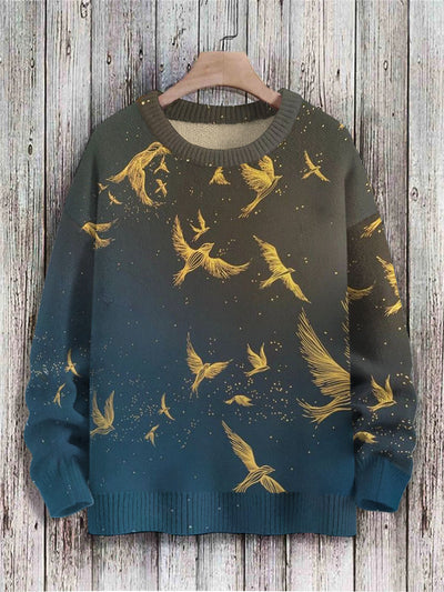 Unisex Golden Line Bird Art Print Knit Pullover Sweater