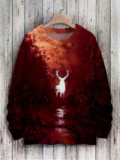 Unisex Deer Art Print Knit Pullover Sweater