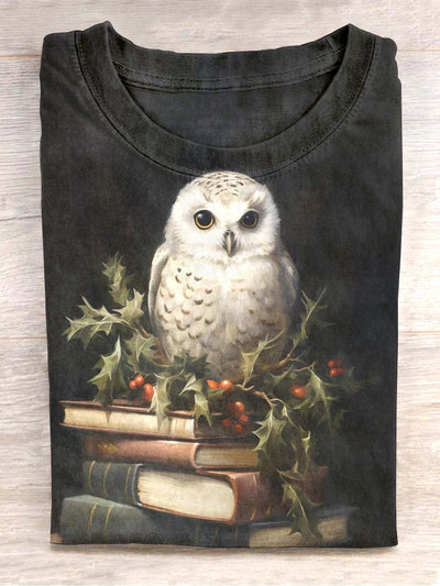 Unisex Vintage Book Owl Print Crew Neck Casual T-Shirt