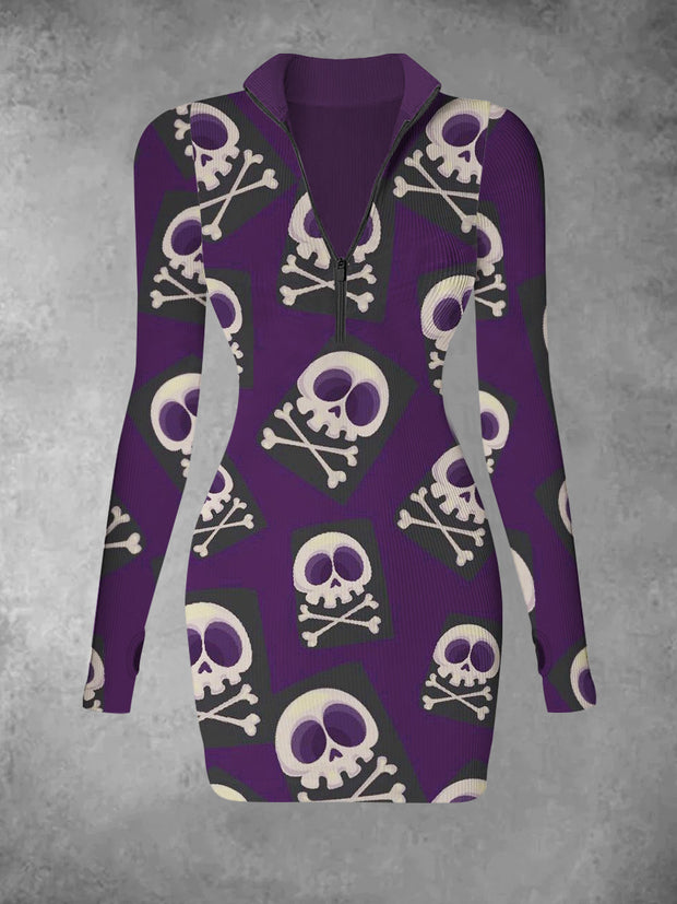 Women's Abstract Skull Retro Pattern Printed Casual Fashion Long Sleeved V-neck Slim Fit Dress