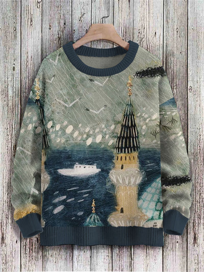 Unisex Marine Lighthouse Art Print Knit Pullover Sweater