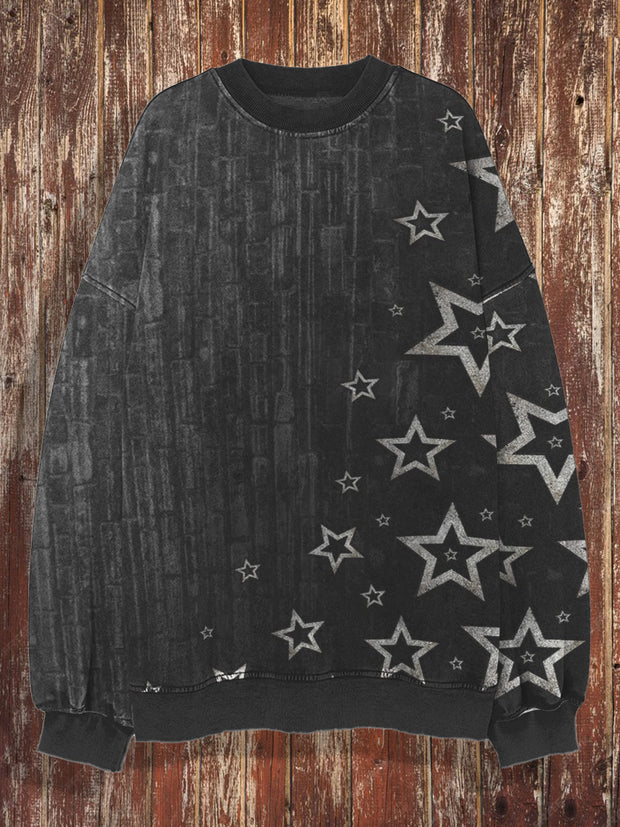 Unisex Retro Star Pattern Printed Casual Loose Long Sleeved Hooded Sweatshirt