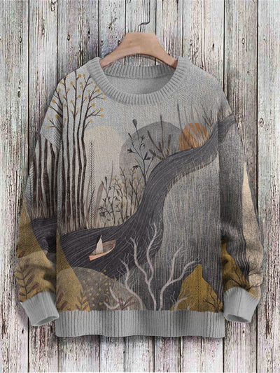 Unisex Rivers And Trees Art Print Knit Pullover Sweater