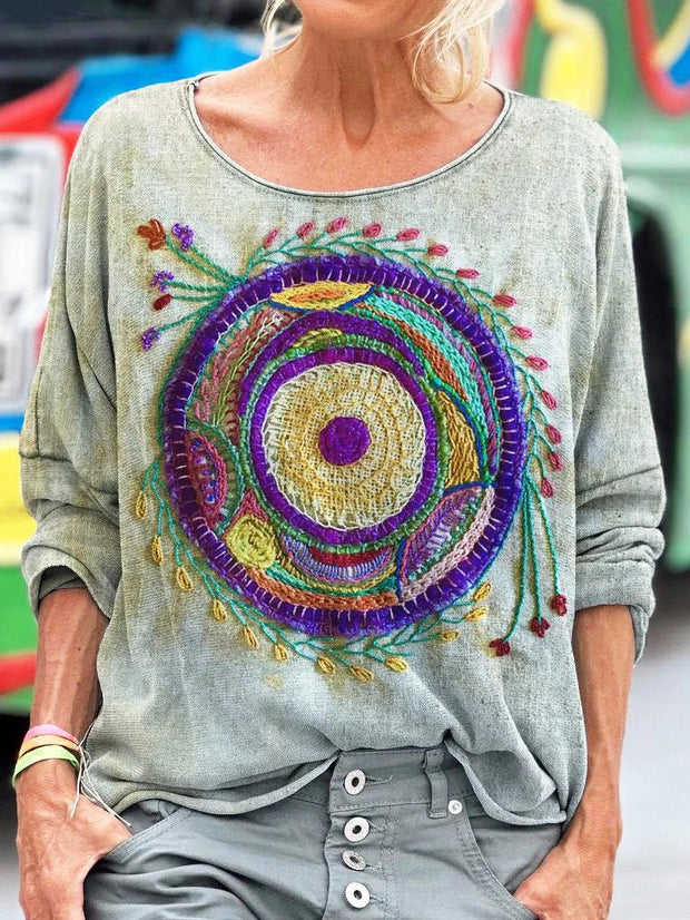 Vintage Embroidered Floral Totem Art Print Casual Long Sleeve T-shirt