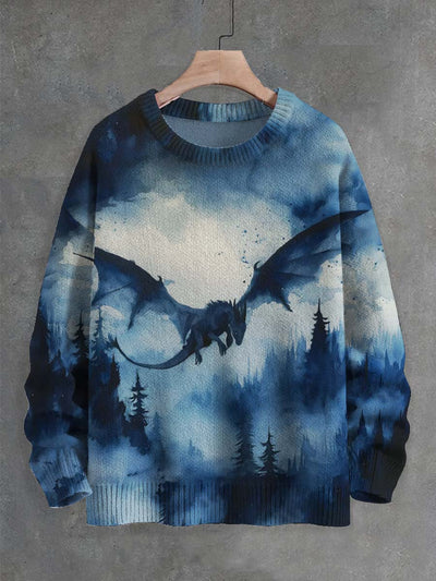 Unisex Blue Forest Dragon Print Crew Neck Casual Sweater