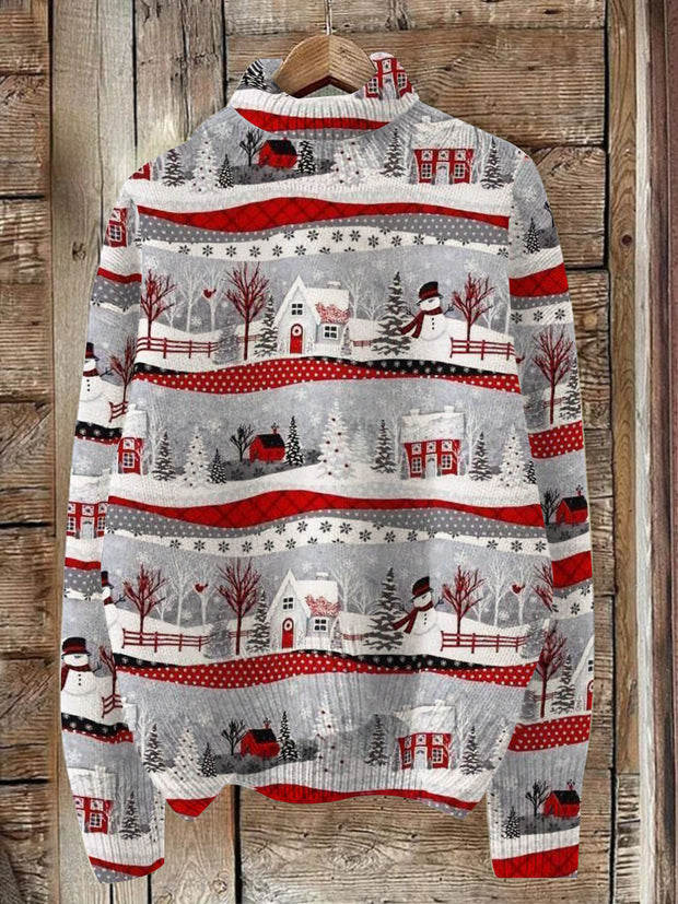 Unisex Snow House And Snowman Style Print Knit Turtleneck Pullover Sweater