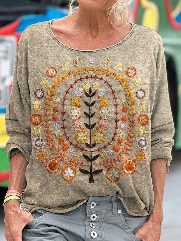 Vintage Embroidered Floral Totem Art Print Casual Long Sleeve T-shirt