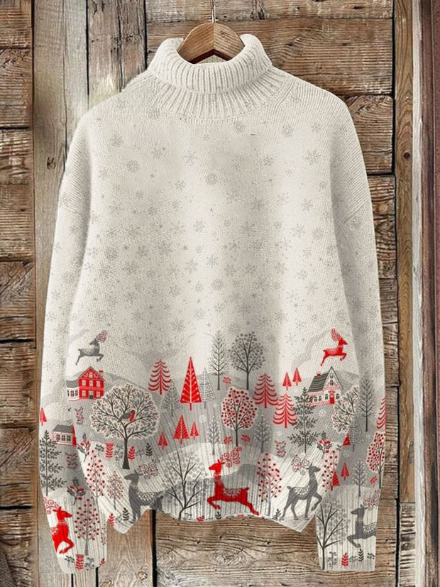 Unisex Abstract Forests And Deer Style Print Knit Turtleneck Pullover Sweater