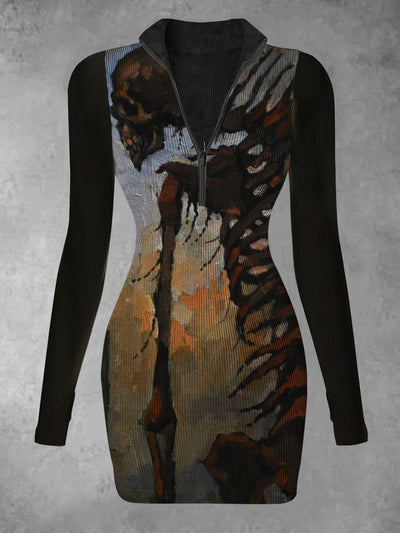 Women's Skull Abstract Print Casual Long Sleeve Mini Dress