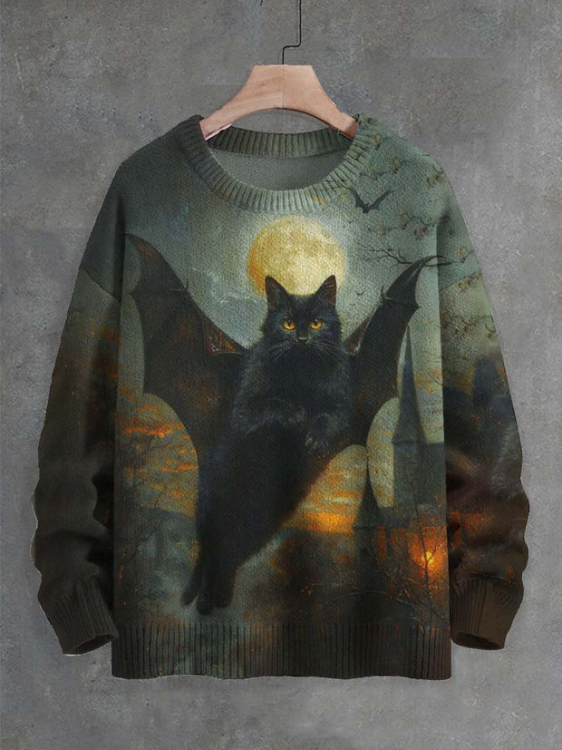 Unisex Bat and Cat Print Crew Neck Casual Sweater