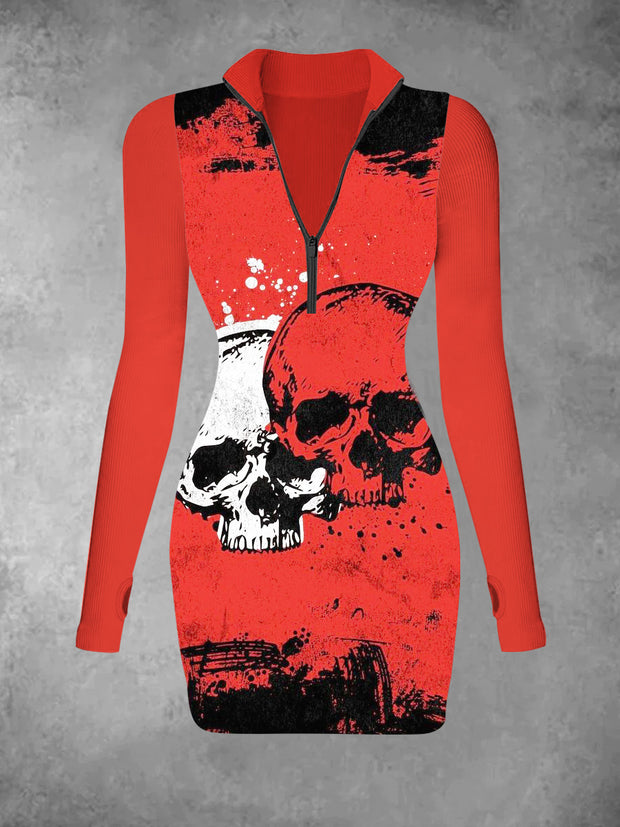 Women's Skull Retro Pattern Printed Casual Fashion Long Sleeved V-neck Slim Fit Dress