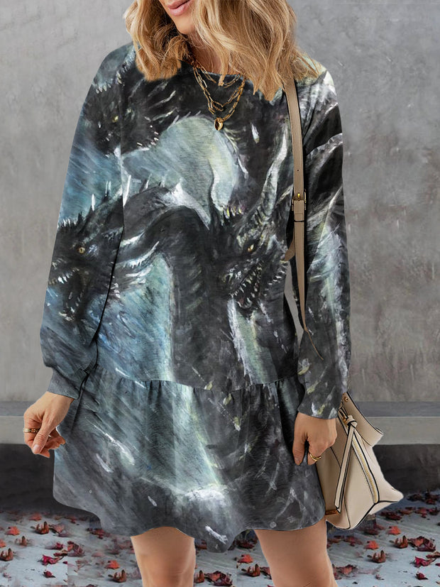 Women's Three-headed Dragon Print Casual Sweatshirt Dress