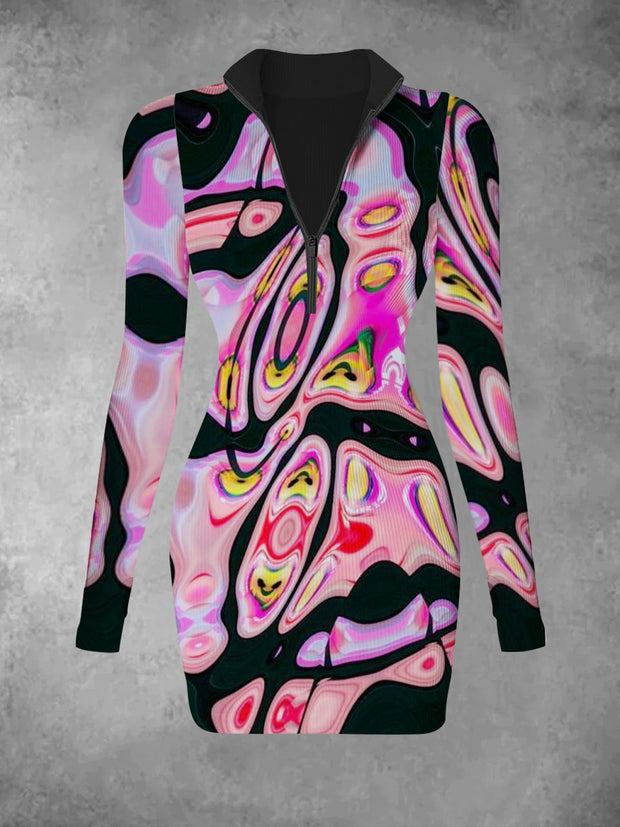 Women's Retro Abstract Pattern Printed Casual And Fashionable V-neck Long Sleeved Slim Fit Dress