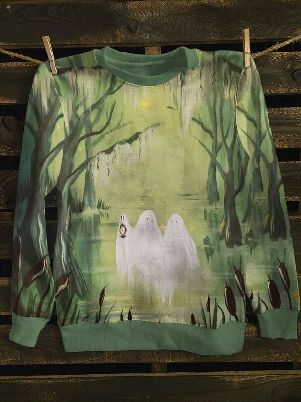 Unisex Forest Ghost Print Long Sleeve Sweatshirt