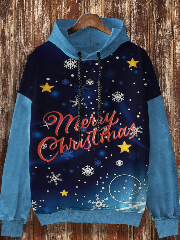 Unisex Retro Christmas Print Casual Fashion Long Sleeved Loose Hooded Sweatshirt