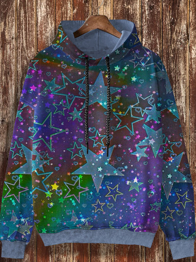 Unisex Retro Star Pattern Printed Casual Fashion Long Sleeved Loose Hooded Sweatshirt