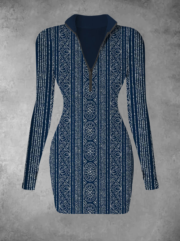 Women's Retro Pattern Printed Casual And Fashionable V-neck Long Sleeved Slim Fit Dress