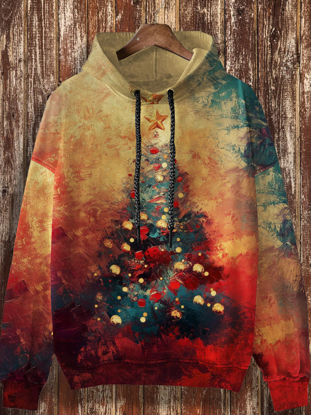 Unisex Retro Oil Painting Christmas Tree Pattern Print Casual Fashion Long Sleeved Loose Hooded Sweatshirt