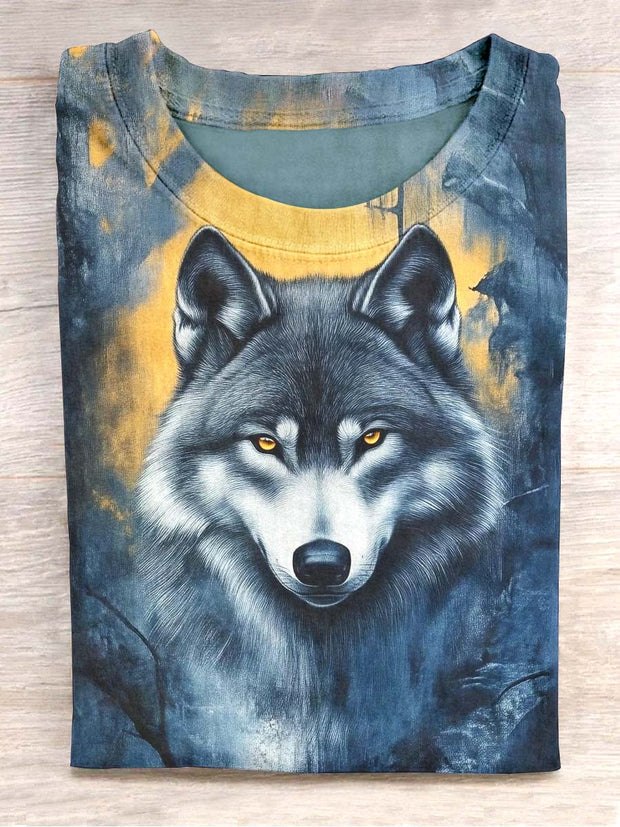 Unisex Snow Wolf Print Casual T-shirt