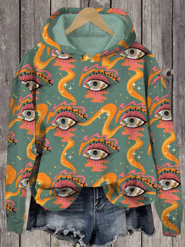 Unisex Abstract Eyes Inset Print Long Sleeve Hoodie